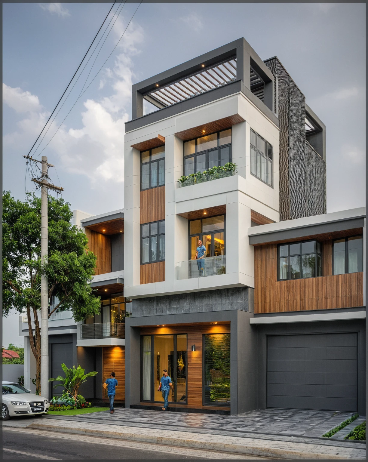 modern villa on street, (overcast lighting:1.2), tropical tree, vivid color, streetcapes, nice sky, grey and wwhite tone, (large glass door:1.2), warm interior lighting, modern material, best quality, ultra realistic, masterpiece, 17ArchiAI_XL_VL-v1