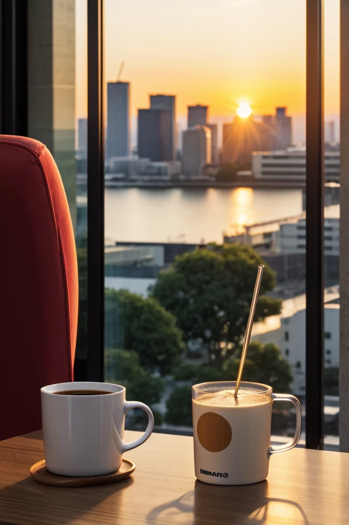 A smart mug called ThermoMug that keeps drinks at the perfect temperature. The mug has a modern and minimalist design, with a brushed stainless steel exterior and a digital display on the base that shows the temperature of the drink. The lid of the cup is airtight and has a small hole for drinking. ThermoMug is placed on a coffee table next to a window, with a view of a city at sunset. A person is holding a book and a pair of reading glasses is next to the cup, creating a welcoming atmosphere."