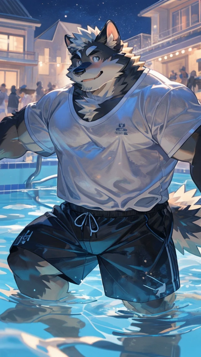 solitary, ((Fluffy fur, Fluffy, hairy body)), detailed Fluffy fur, Delicate face, delicate Eye, Dynamic poses, (Extremely detailed), concentrate, Genji, Eye, hairy, (Gray-black fur:1.5), White beard, human nature (Siamese cat),male, middle aged, White belly, Increase chest muscles(((muscular))), (Endomorph:0.4), Not too fat, rest ((White T-shirt,Black swimming trunks,Exposing breasts,wet)), ultra Delicate face, High Detail, high quality, (best quality,4K,8K,high resolution,masterpiece:1.2), (close up:1.3), author:Takemoto Arashi, From kulplant, author:Void Ghost, From raccoon21, Dynamic Lighting, Smile, (whole body:1.4), Looking at the audience, eternal, close up肖像, indoorhigh resolution, 用hand托住肚子, hand.,详细的hand,咧嘴Smile,swimming pool