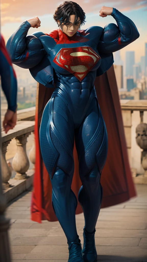 solo, 1girl, 5uper, supergirl, black hair, pixie haircut, blue eyes,muscular strong body,big bulging biceps, blue bodysuit,posing,flexing, long sleeves, red cape,high detail,realistic
