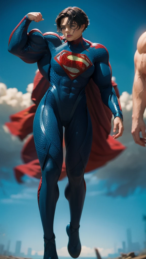 solo, 1girl, 5uper, supergirl, black hair, pixie haircut, blue eyes,muscular strong body,big bulging biceps, blue bodysuit,posing,flexing, long sleeves, red cape,high detail,realistic
