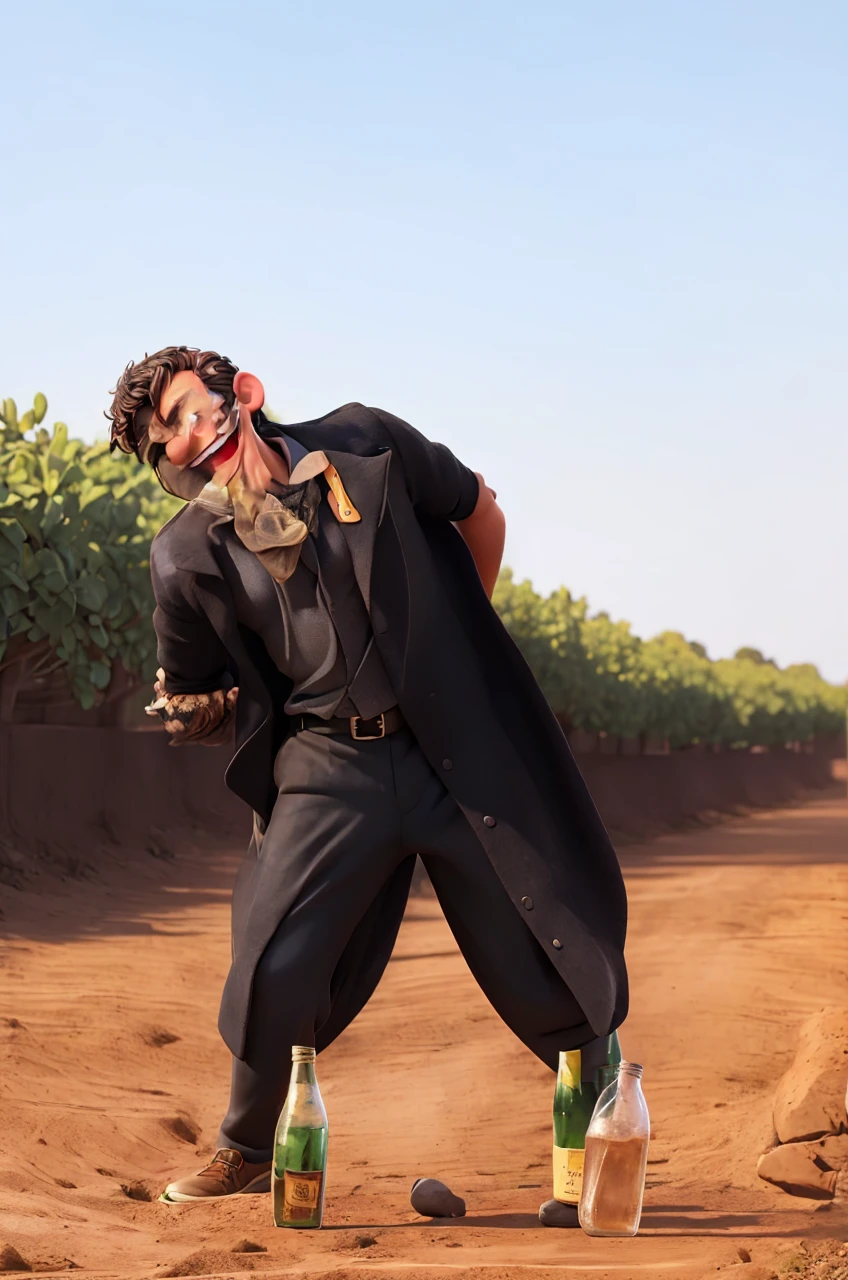 Illustration of Man dressed in black, laughing with arms behind back, on a dirt road, with several bottles of drink
