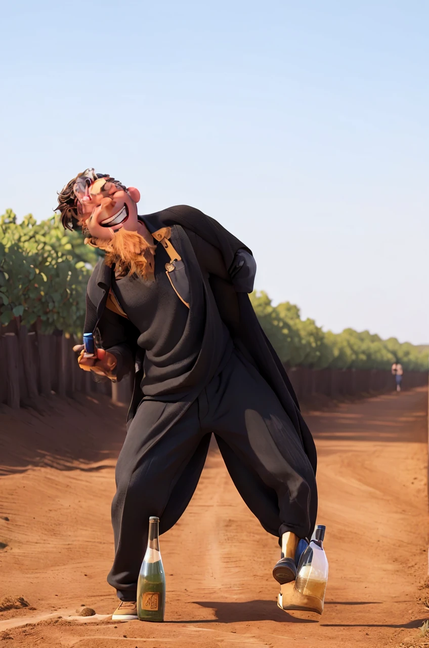 Illustration of Man dressed in black, laughing with arms behind back, on a dirt road, with several bottles of drink