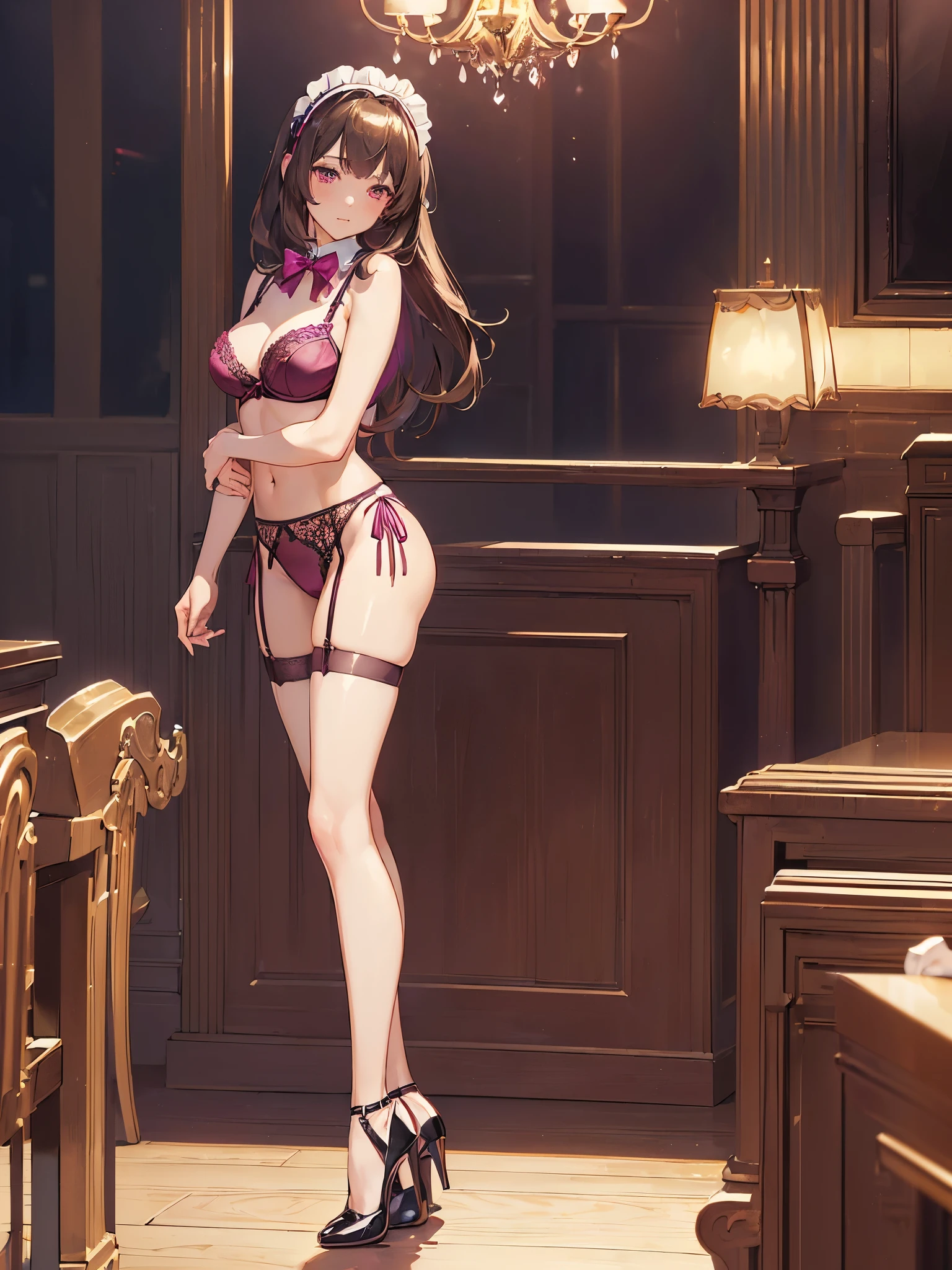 (((masterpiece, Highest quality, High resolution, 超High resolution, Perfect Pixel, Depth of written boundary, 4K, RTTX 10.0))), Beautiful Anime Women, Beautiful art style, Anime characters, ((Smooth texture, Realistic texture, Anime CG Style)), Exact finger count、Exact number of legs、(Exact number of arms:1.0, Exact number of hands:1.0), (Perfect hands, Perfect Anatomy), Cinematic, Realistic, Extremely detailed CG, Daytime lighting, Perfect lighting, Best Shadow, The best natural light, whole body, Perfect body, (Slender body:1.2), ((Long Hair, bangs, Dark brown hair, Stylish hairstyle, Bobcut)), ((二人のcute女性はセクシーに飲み物を運んでいる, Back view:1.6)), ((Alone:1.0)), beauty, cute, ((Bow tie around neck, High heels:1.3), (セクシーでcuteマゼンタ下着:1.3), (Stylish shiny magenta satin panties, Side-tie panties:1.3), (Thin panties:1.3), (Magenta Micro Lace Satin Bra, Thin bra:1.3), (garter belt, Knee socks:1.3):1.3), (beautiful and very large breasts:1.2), (Beautiful and thin thighs:1.3), (Short torso:1.3), Feeling embarrassed, (blush:1.2), (Very embarrassed look:1.4), (Cabaret Club, Inside the bar, Carry drinks, A busy store, Chair, table:1.3), naked, In underwear, Waitress in underwear, (Maid Headband:1.2), whole body,Angle from the rear