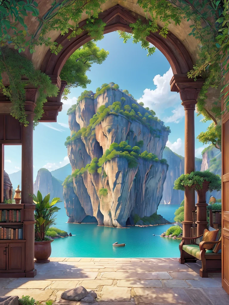 ((breathtakingly scenic landscape)), with its intricate details and vibrant colors blending together in a (serenely poised composition), capturing the essence of a (serene and enchanting library) that transports you to a (peaceful oasis) far from the bustling world outside, where a lewd and colorful ocean stretches out before you