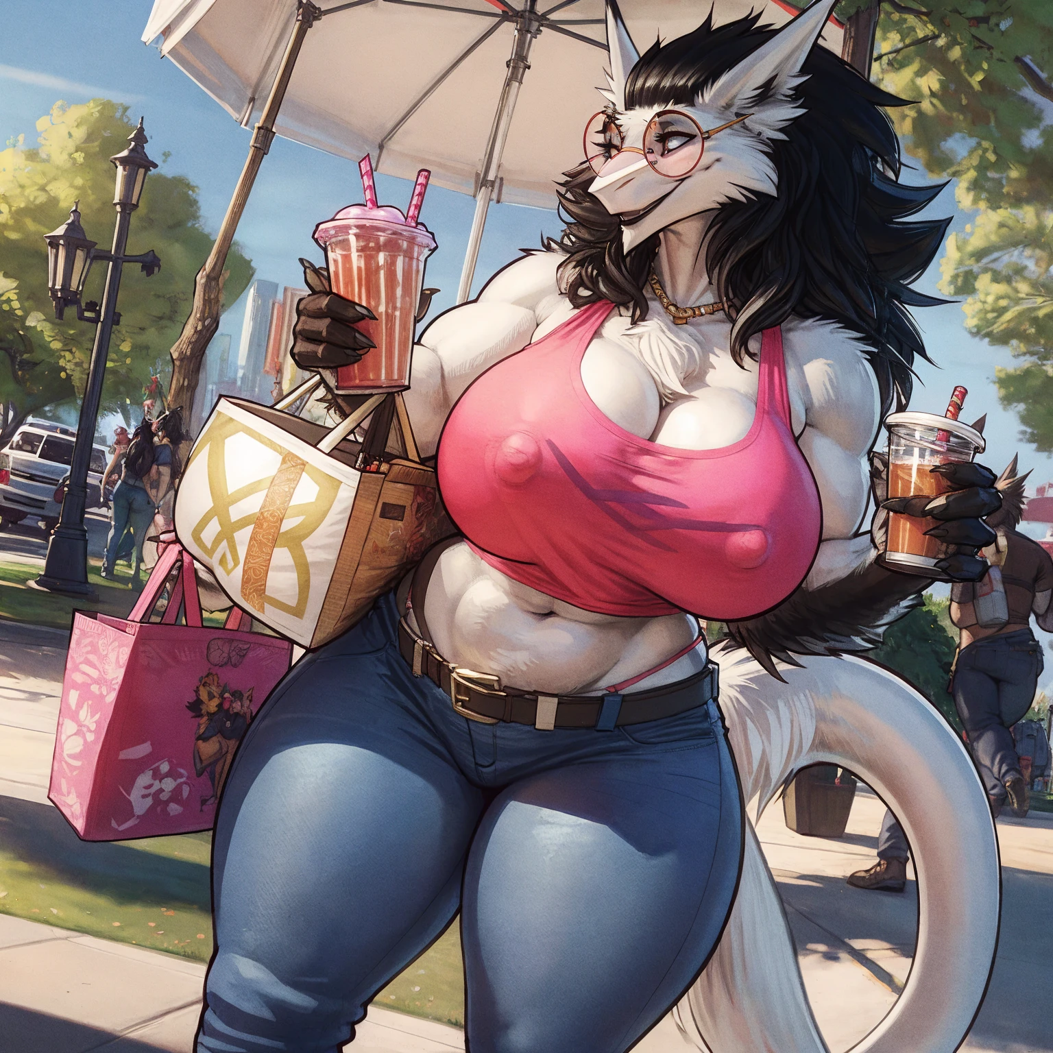by darkgem, by duase, by BNG, by sligarthetiger, sergal, anthro, female, older woman, (round glasses:1.4), (white fur:1.3), (black hair:1.3), furry body, wide body, wide hips, thick thighs, big arms, (huge breasts:1.1), (heavy breasts:1.3), nipple outline, highly detailed eyes, milf, tank top, bare midriff, cleavage, large areolae, blue jeans, lowrise jeans, bare midriff, visible thong straps, Masterpiece, best quality, absurd res, highly detailed, cleanly drawn eyes, park environment, cute smile, standing upright, casual posture, buff, holding a smoothie