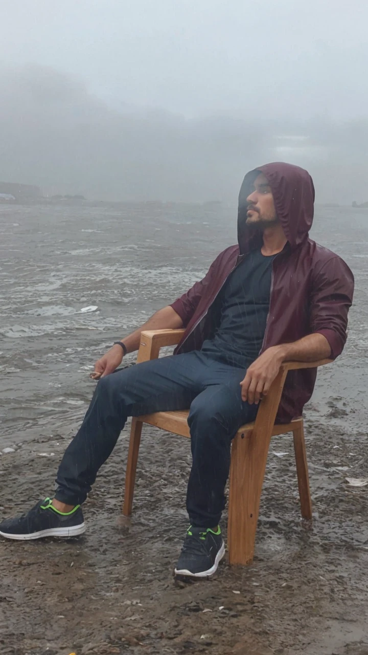 I am siting on a chair in rain with only wearing underwear my abs are visible and smoking