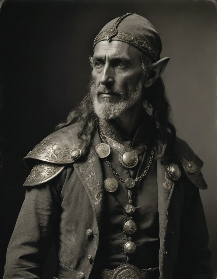 ((((Masterpiece, daguerreotype on old paper, monochrome)))), by Moebius, by Théodore Géricault, the composition is: ((((40 year old male high elf scientist, tan, elf ears, Assyrian beard, sullen, magnificent, he is wearing Mesopotamian costume with Steampunk elements, sashes, medals, pendants)))).