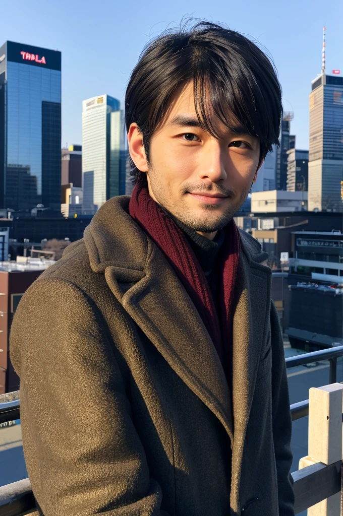 Photorealistic, 8K full-body poster, Handsome, Japanese, 25-year-old male, Attractive look, Detailed facial details, Tokyo, Winters, Shibuya in the background
