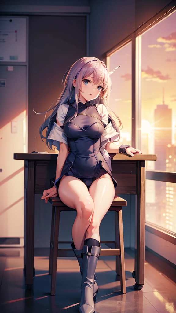 Sit at a desk，classroom，sunset，High leg，leotard，boots，high resolution，Overall image，