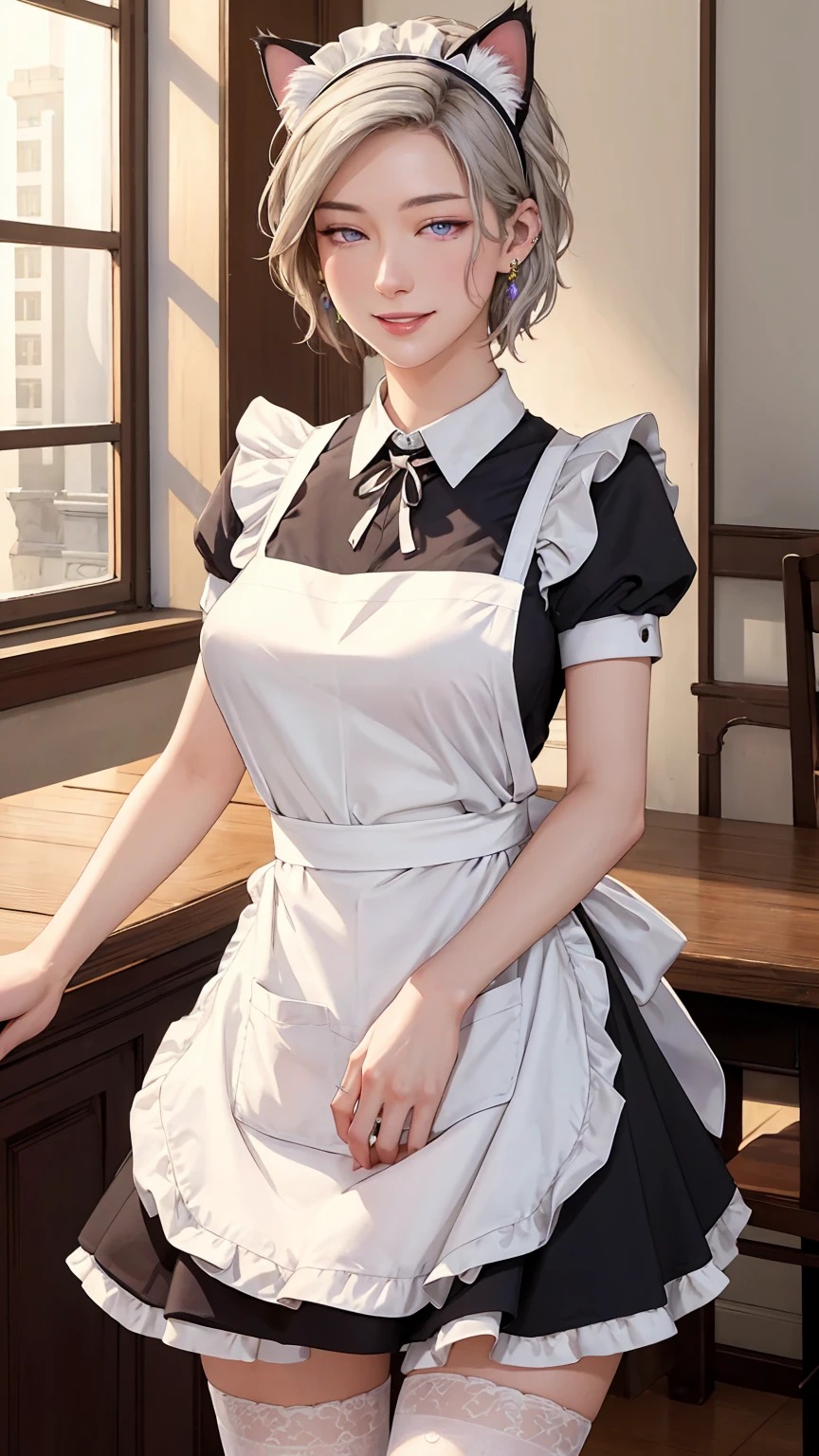 ((((masterpiece, Highest quality, High resolution)))), Extremely detailed 8K, Beautiful girl with a voluptuous body, (Ultra HD, Super detailed, Very detailed, Very realistic, Ultra-realistic, Photo Real), (One girl:1.5), (Realistic white hair), (Short Wavy Hair, hair ornaments, Earrings), (Dynamic pose), To the camera, View your viewers, (blush, Embarrassing, smile), (Purple eyes, Sharp eyes), (Firm breasts:1.2), (Beautifully detailed face, Beautiful attention to detail), ((Maid clothes, Maid Apron, Cat Ear Headband)), (detailed pussy), (stand up), Sweat, shine, (Sunbeam, sunlight), ((Cowboy Shot)), coffee shop, ((Highest quality、High resolution))、Portraiture、Perfect body、Beautiful and bountiful breasts、Sexually excited expression、((throw、maid shows pussy))、Love Juice、I'm inviting you to have sex