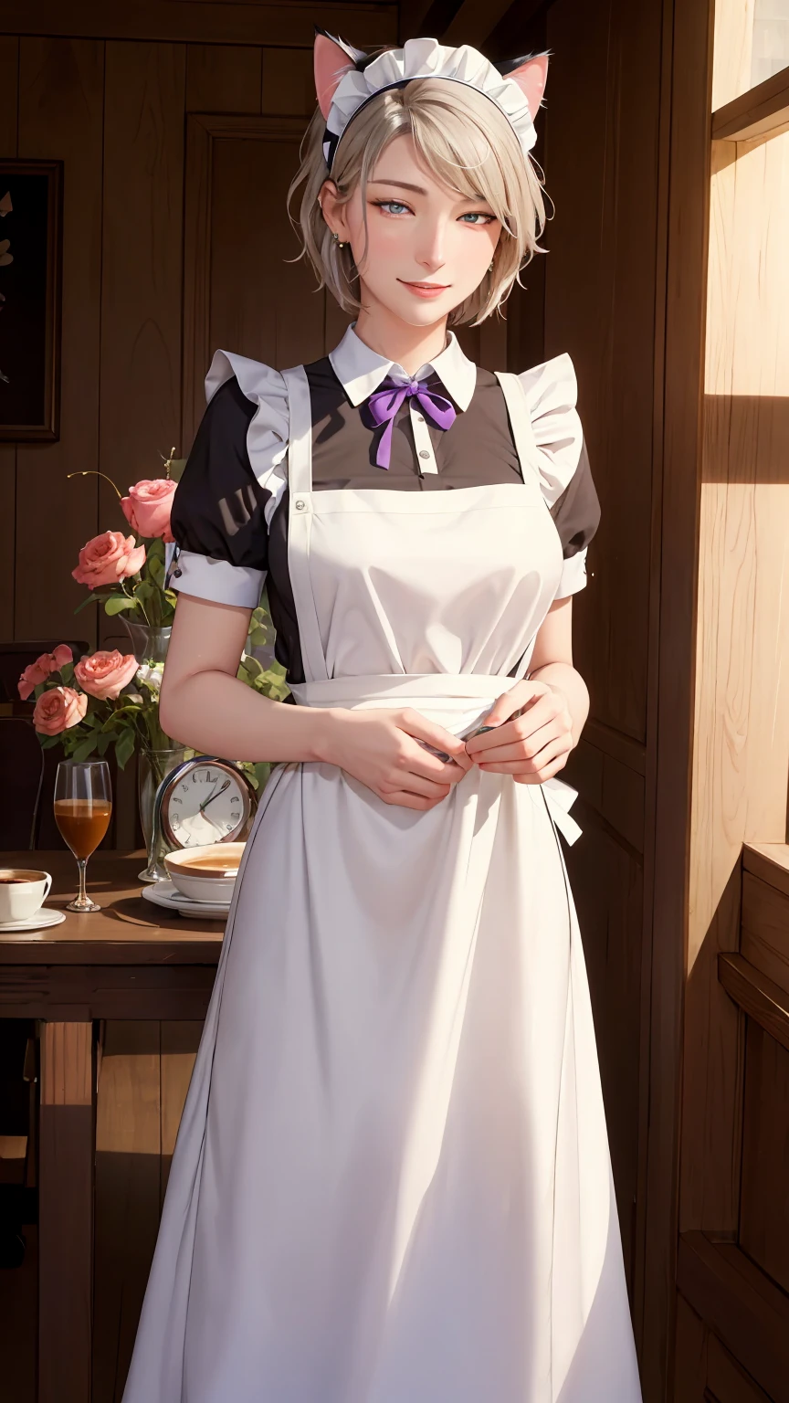 ((((masterpiece, Highest quality, High resolution)))), Extremely detailed 8K, Beautiful girl with a voluptuous body, (Ultra HD, Super detailed, Very detailed, Very realistic, Ultra-realistic, Photo Real), (One girl:1.5), (Realistic white hair), (Short Wavy Hair, hair ornaments, Earrings), (Dynamic pose), To the camera, View your viewers, (blush, Embarrassing, smile), (Purple eyes, Sharp eyes), (Saggy breasts:1.2), (Beautifully detailed face, Beautiful attention to detail), ((Maid clothes, Maid Apron, Cat Ear Headband)), (detailed pussy), Sweat, shine, (Sunbeam, sunlight), coffee shop, ((Highest quality、High resolution))、Portraiture、Perfect body、Saggy, ample breasts、Sexually excited expression、((throw、maid shows pussy))、Love Juice、I'm inviting you to have sex,(nsfw)、 (spread pussy、crotch grab、Uterus)