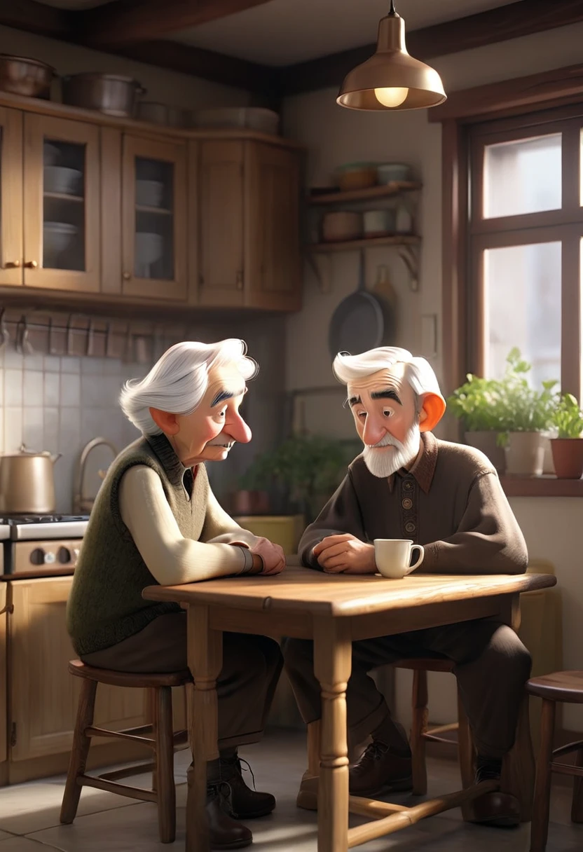 ack sitting at a small table in a cozy kitchen, talking to an elderly man who looks wise and calm.