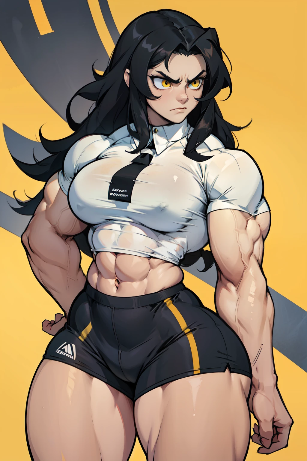 pale skin very long hair 1 girl black hair yellow eyes angry ((1 girl muscular toned body)) bodybuilder curvy wide hips thick thighs tight shirt huge 