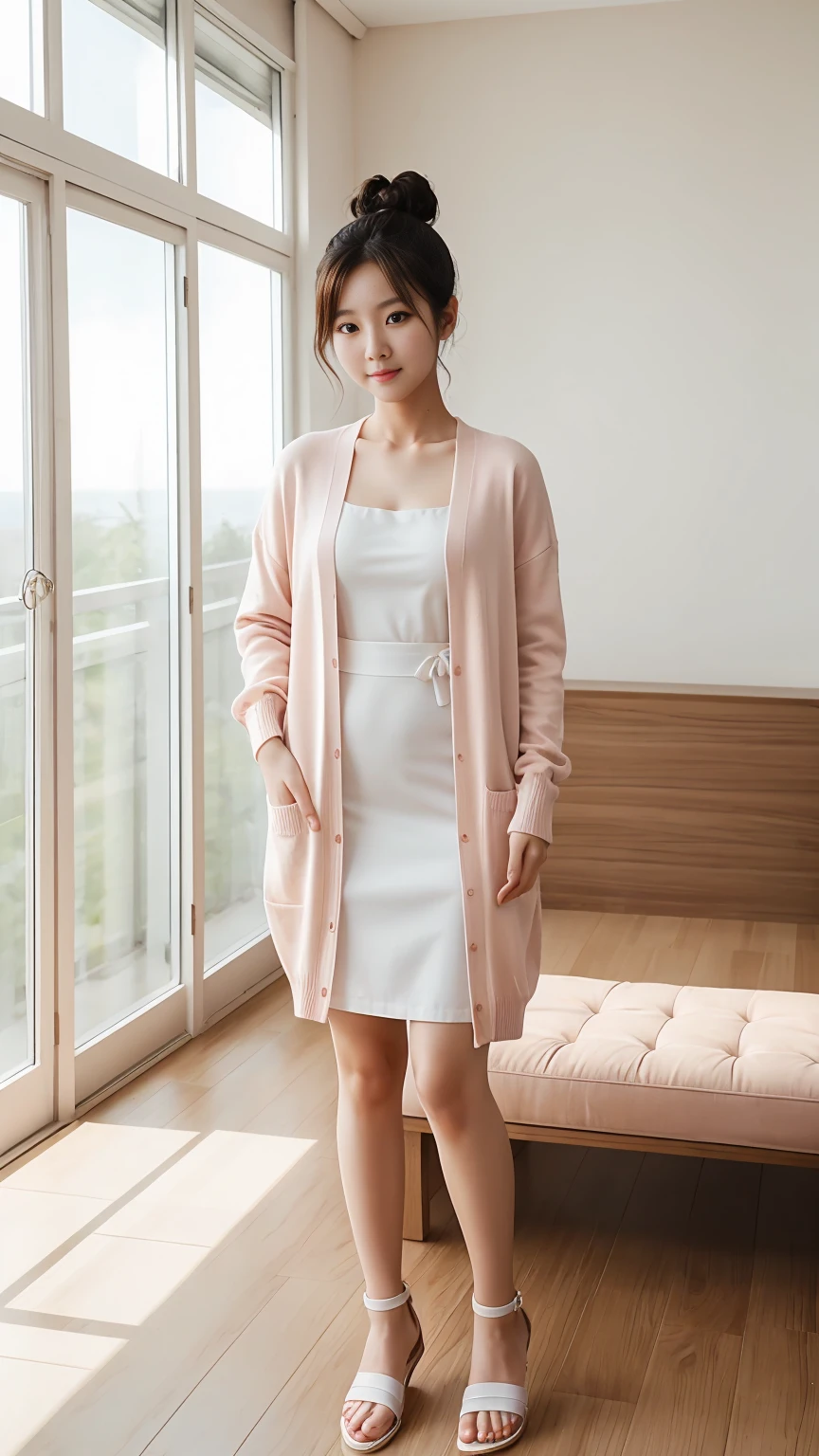 full body, Realistic, Photography, Korean women, 18 years, high bun hair, slim body, fair skin, cute face, white dress, cardigan pink, and sandals, standing in the middle room, facing the camera, stand up straight, cute pose, sweet expression, detailed face, detailed background, bright light, sunlight