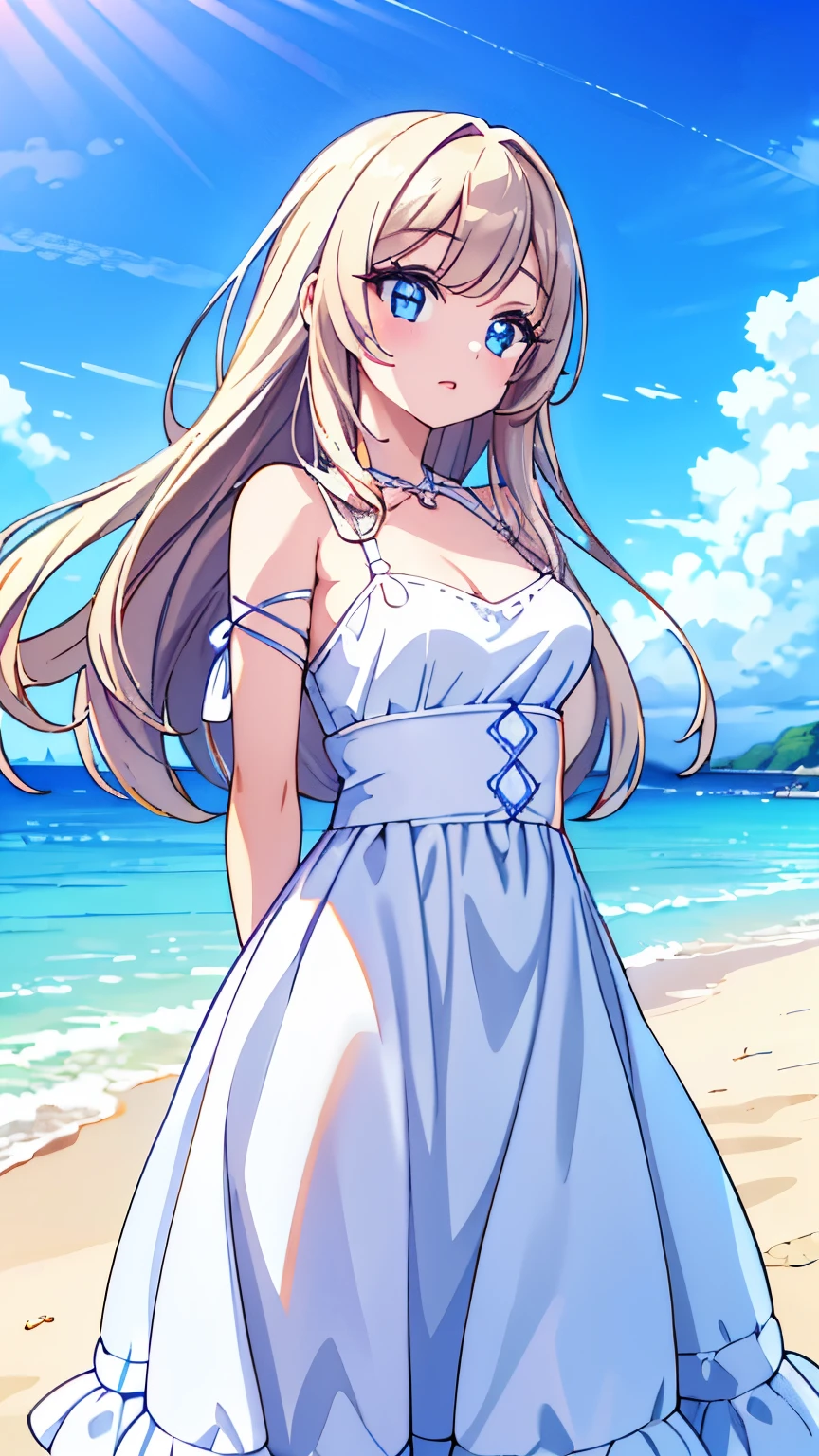 a girl walking on a white sandy beach, beautiful detailed eyes, beautiful detailed lips, extremely detailed eyes and face, long eyelashes, flowing dress, serene expression, coastal landscape, blue sky, fluffy white clouds, golden sunlight, calm ocean waves, (best quality,4k,8k,highres,masterpiece:1.2),ultra-detailed,(realistic,photorealistic,photo-realistic:1.37),landscape,vivid colors,natural lighting