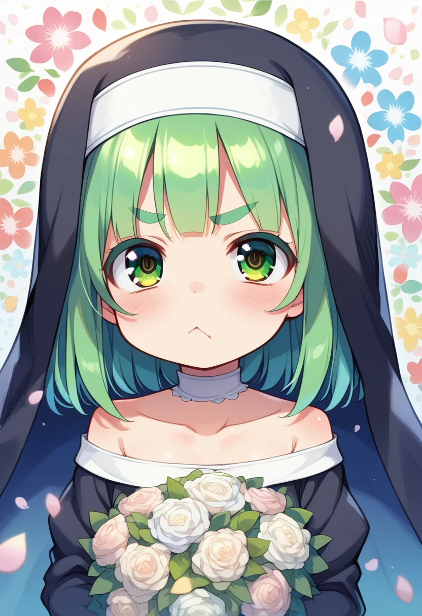 score_9, ,score_7_up, score_6_up, 1girl, source_cartoon, source_anime,breathtalking Scenery,watercolor,smooth soft skin, natural skin,mjm
BREAK 
(loli:1.4),(little female child:1.4), small breast,cute face, (loli toddler:1.1), 6 yo,kawaii, (highlight on eyes), (jiggly:0.8), shiny skin,beautiful eyes, detailed eyes, puffy eyes,
BREAK 
(medium green hair:1.3),(green maro eyebrows:1.6),pouty and slightly grumpy,(pout:1.2), ::(, (jitome),(frown:0.6),white streaked hair, green eyes, 
BREAK 
(zigzag pattern nun dress), (pastel veil:1.2),choker,nun,excessive detailed collarbone,exposed collarbone, dynamicangle,
BREAK
looking up,upturned eyes,flowerbackground,flowergarden,flower bouquet, (digits behind bouquet:1.3), (hands behind bouquet:1.3),falling petals,
(holding bouquet:1.1), celebration, Congratulations,confetti, bloom effect,dynamicangle,pastelcolor,