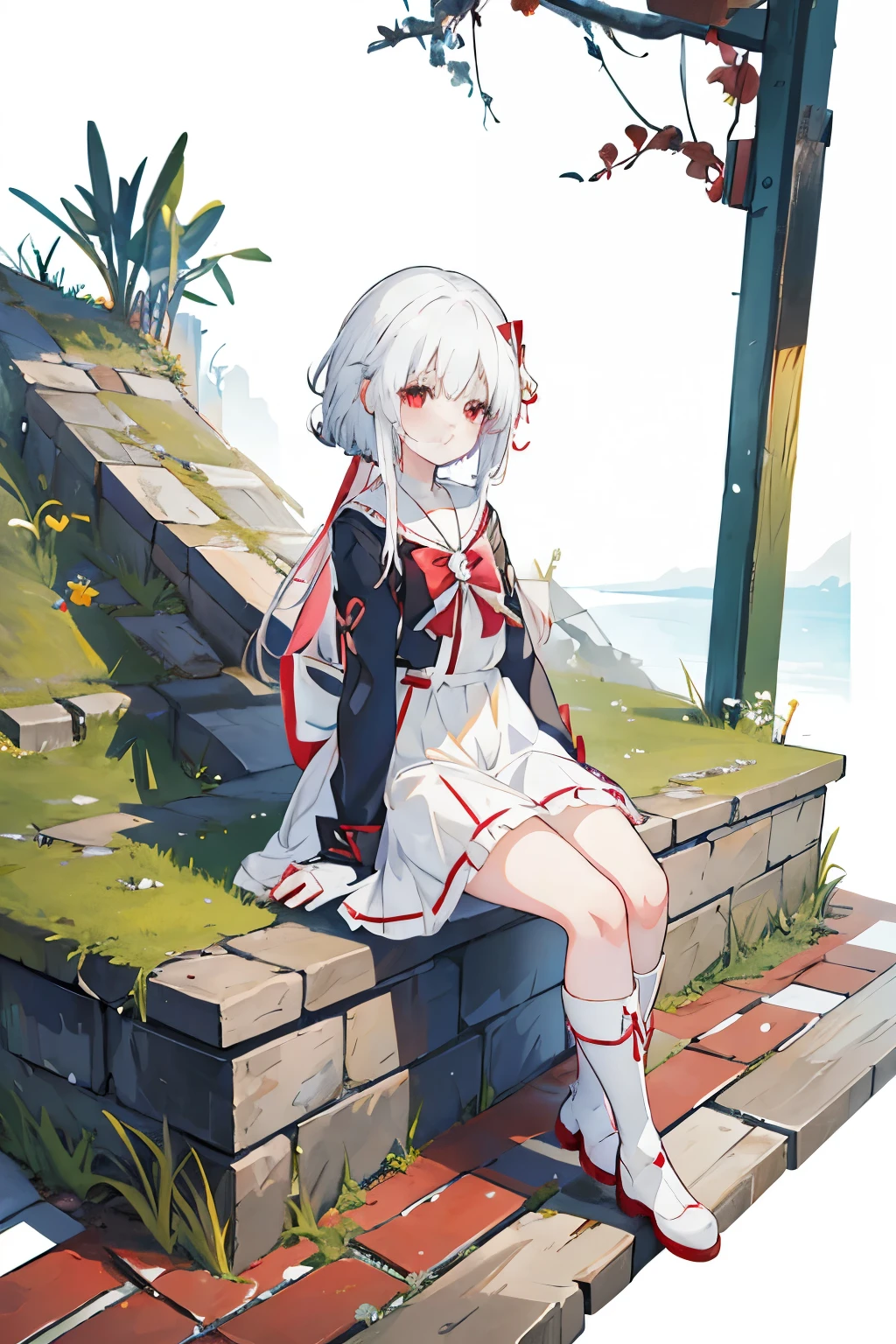 Anime Girls with white hair and red bow sitting on the ground, Sailor dress, Cute girl anime visuals, young Anime Girls, Anime Best Girl, (Anime Girls), pretty Anime Girls, White Hair Girl, beautiful Anime Girls, White background、Full-body portrait、Brown boots、Red Eyes、Marine color dress、Knee-high socks、whiteback、Standing girl