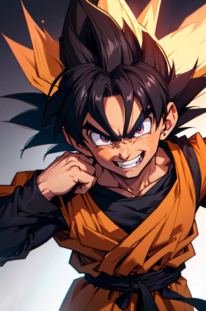 Goku black style character, with an evil look and always with a smile on his face, your face expresses happiness