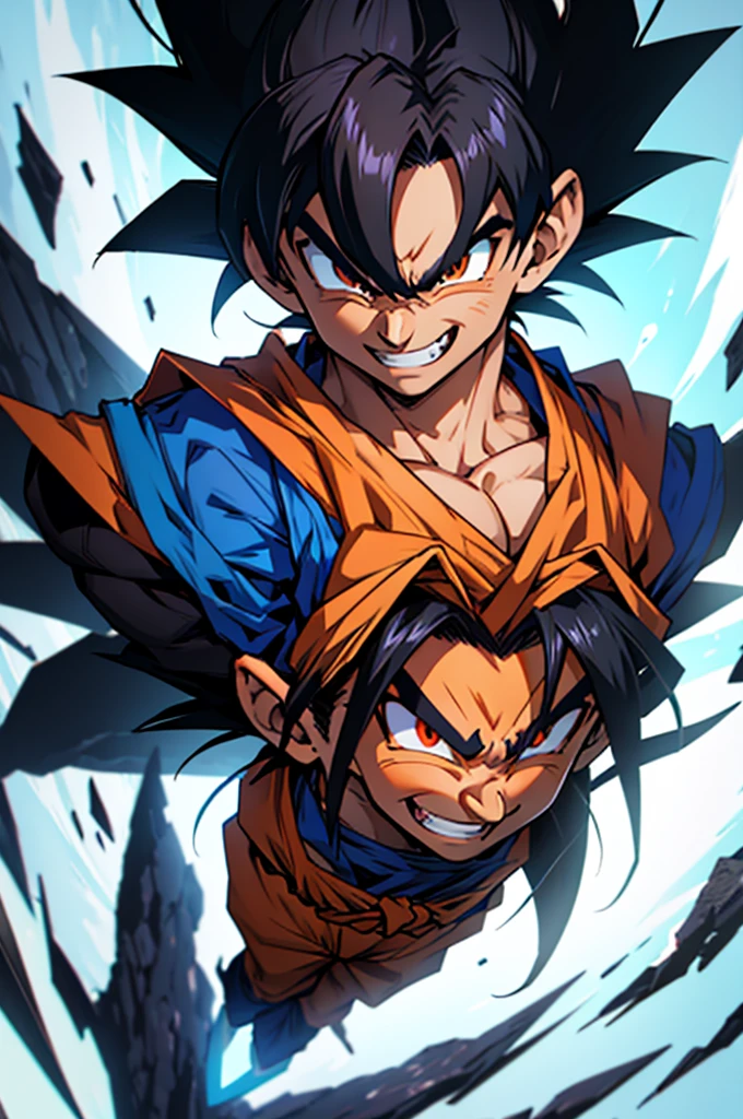 Goku black style character, with an evil look and always with a smile on his face, your face expresses happiness