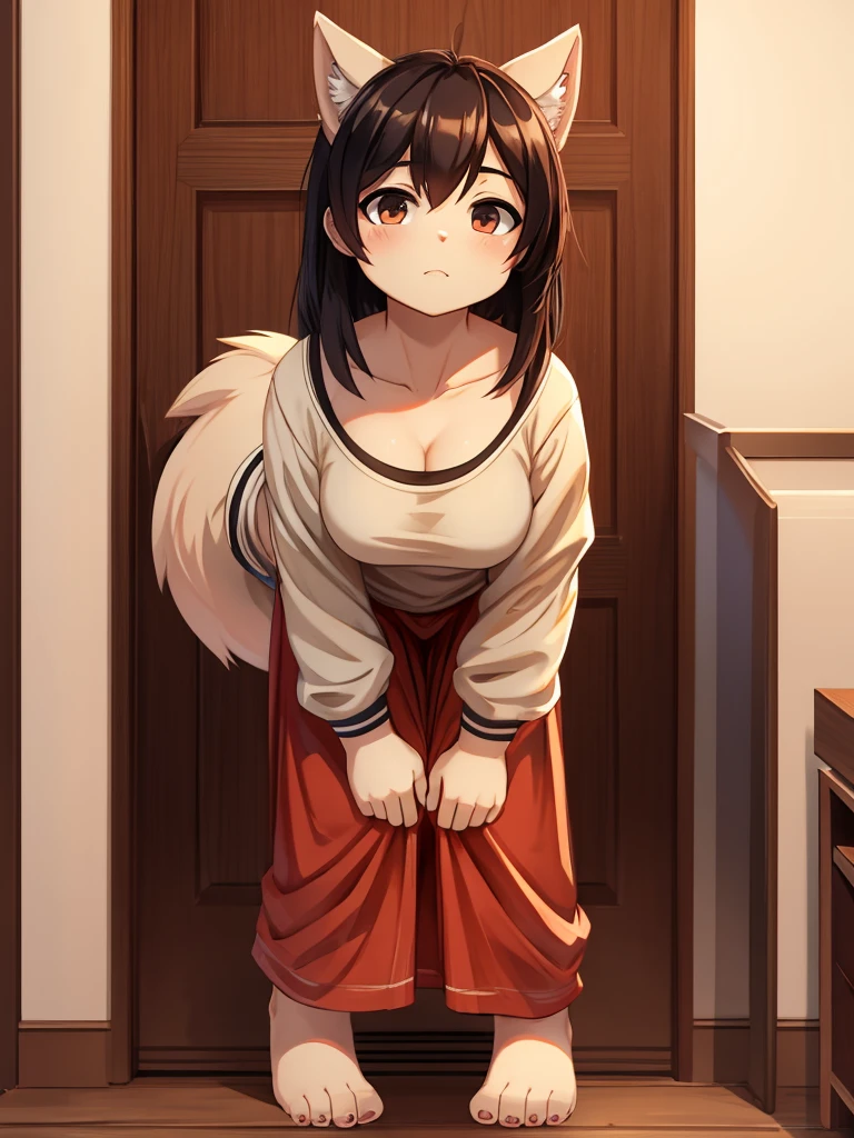 (Wide neck), Baggy Worn T-shirts , (leaning forward:1.3) , hands on knees , front view , (Cleavage:0.6) , flat chest