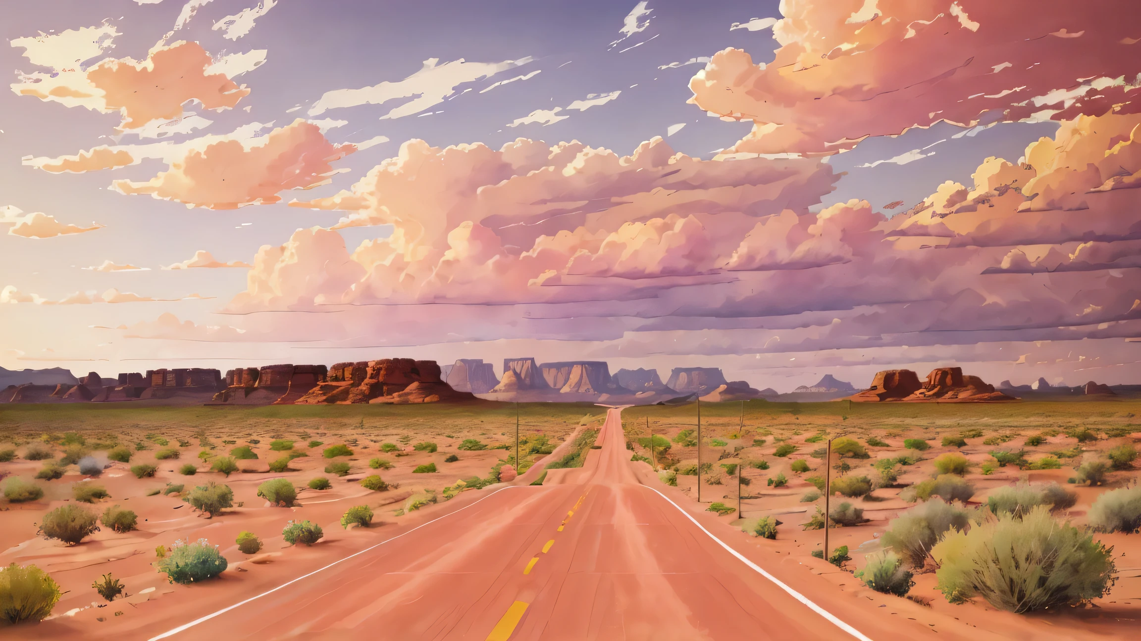 painting of a dirt road with a dirt road leading to a desert area, conceptual art. scenic background, fluffy pink clouds, red sky, road!!!, beautiful puffy clouds. beautiful scene, landscape, concept art