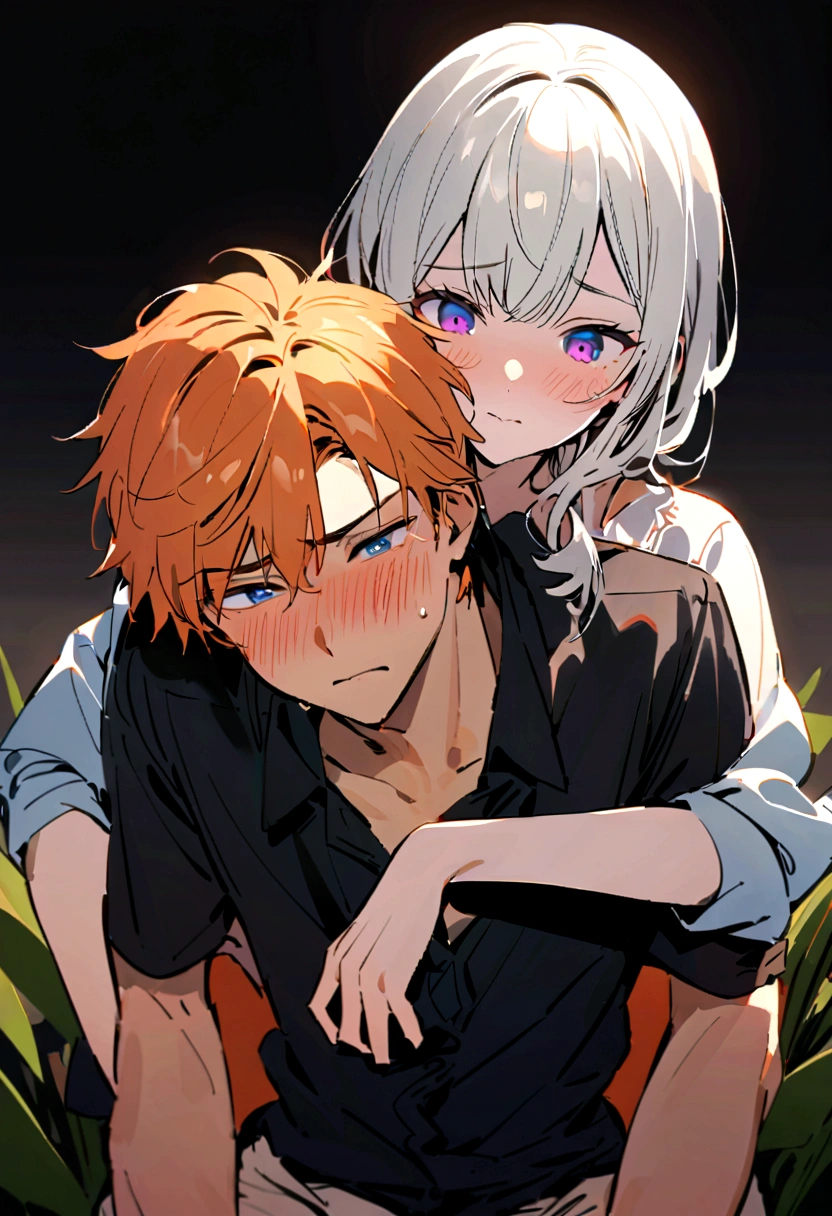 A handsome boy with orange hair and blue eyes, hugging a beautiful girl with short white hair and violet eyes. The boy is being possessively clingy, burying his face in the crook of her neck while hugging her waist from behind. The girl is blushing from embarrassment. They are both wearing simple modern clothes and are front-facing.