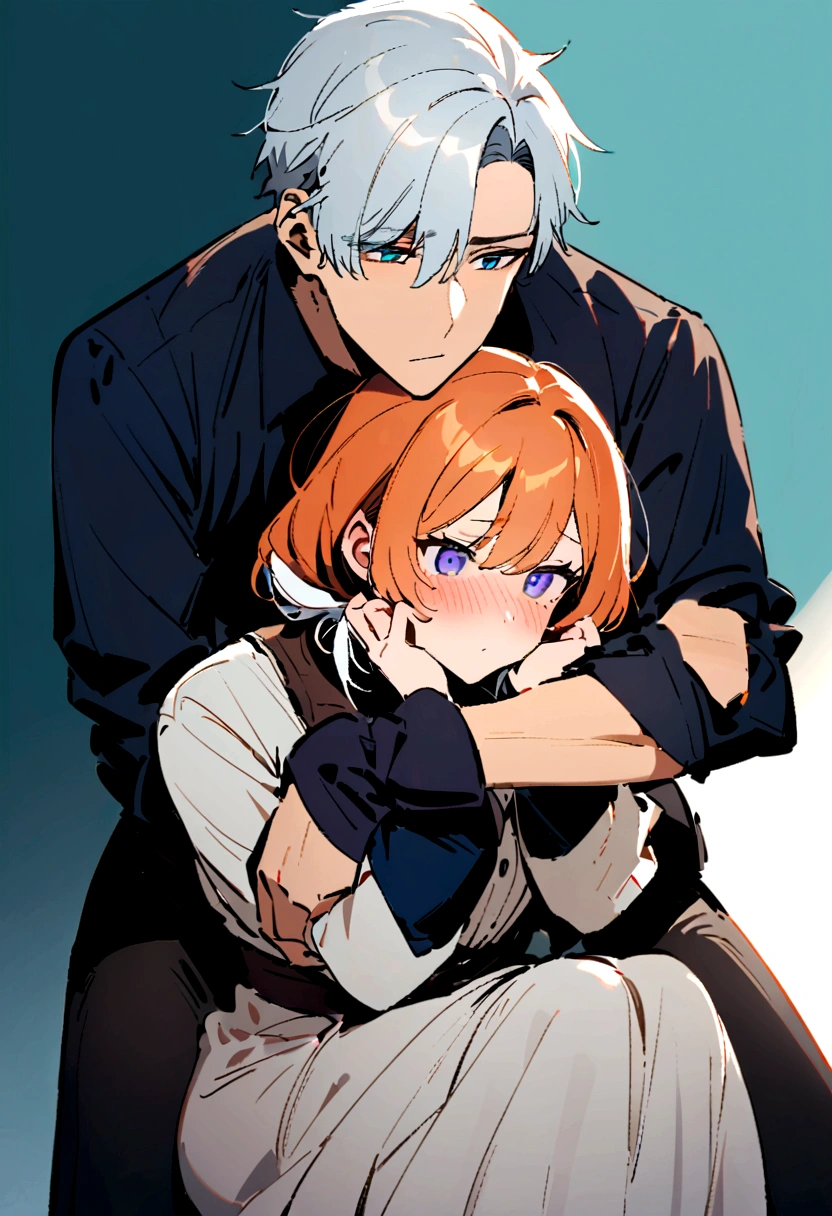 A handsome boy with orange hair and blue eyes, hugging a beautiful girl with short white hair and violet eyes. The boy is being possessively clingy, burying his face in the crook of her neck while hugging her waist from behind. The girl is blushing from embarrassment. They are both wearing simple modern clothes and are front-facing.