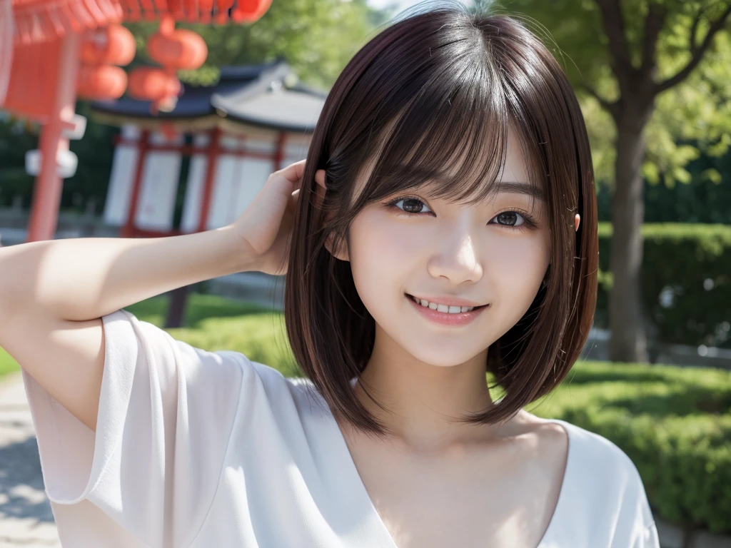 (best quality:1.2), masterpiece, Realistic, Ultra-high resolution, (((1 Japanese woman:1.2))), 17 years old, Bobcut, wearing write camisole, smile, Park during the day