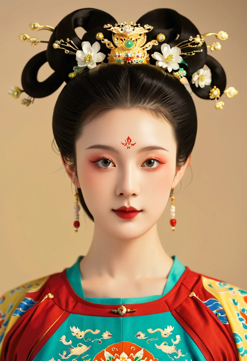 Beautiful girl portrait,Fairy,symmetry,Round Face,Bright Eyes,Smooth skin,Chinese Tang Dynasty Flag Costume,egotistical,High bun,palace,Clean background