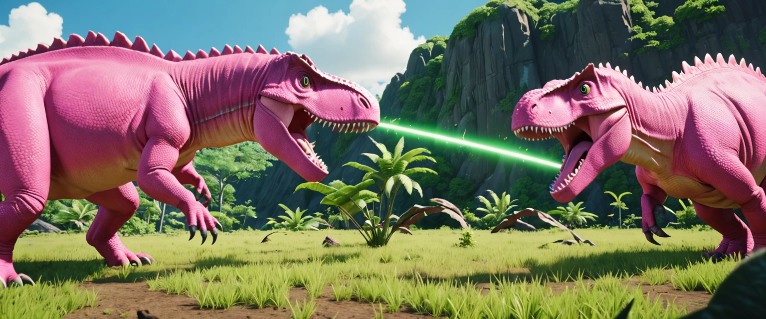 score_9, score_8_up, score_7_up, source_anime, detailed, 8k, cinematic angle, rating safe, wide shot, A pink dinosaur and a green dinosaur are fighting wild,