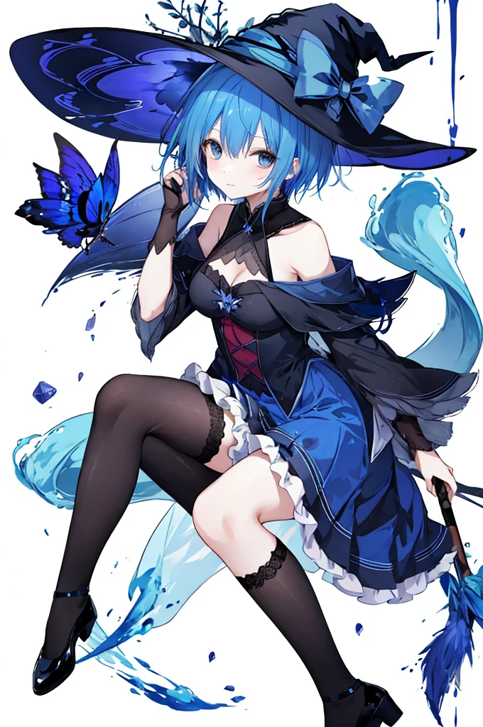 Witch wearing a witch hat、Blue hair short、stockings