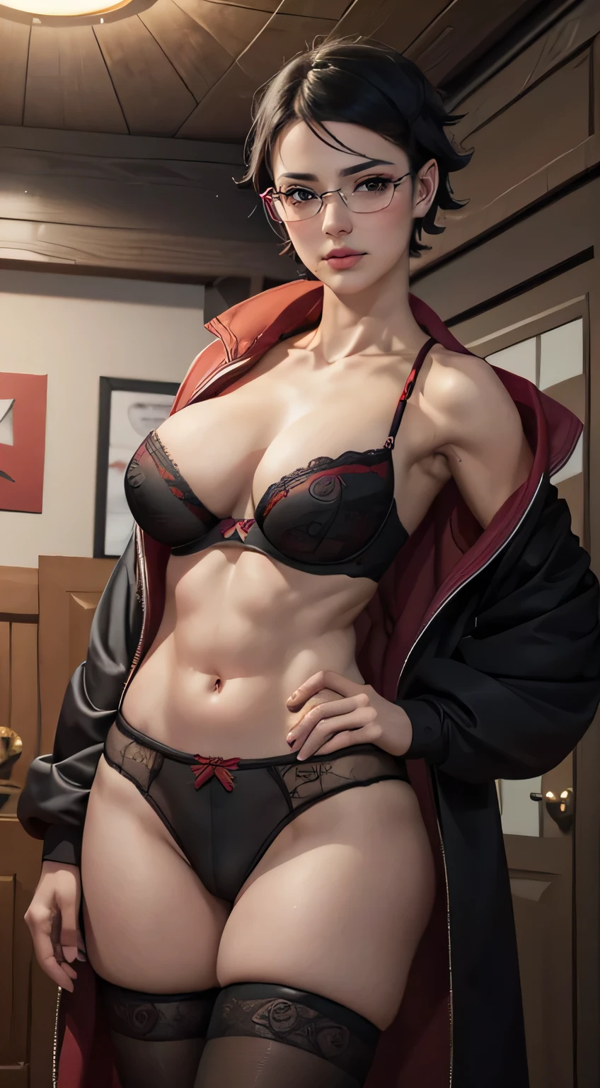 (best quality:1.3), (4k quality),(sharp image), Sarada, ((Detailed face)), ((masterpiece face)),((perfect detailed eyes)) (blush), Sarada, black hair, black short hair, ((red eyes)), red lips, red lips, sly face, face with stern features, ((detailed face)), perfect face, highly detailed eyes, masterpiece, absurdres , (intricate details), (colorful),cinematic lighting,extremely detailed CG unity 8k wallpaper , 1girl, solo,mature female, erected , fit body, cameltoe, glasses, red tight bra, red tight thong, loft living room , (sexy smile), ((perfect erected medium breast)), standing in sexy pose, showing her perfect tits