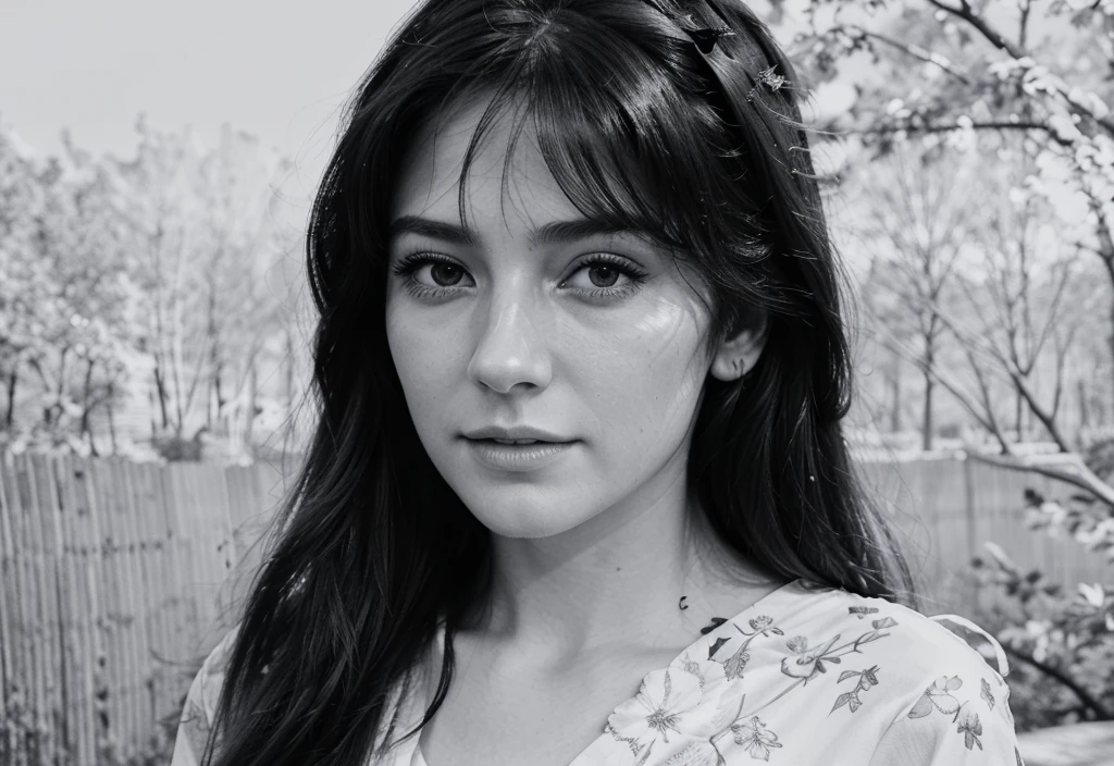 A beautiful girl, delicate facial features, long eyelashes, flowing hair, elegant posture, intricate floral patterns, sunlight filtering through the trees, vibrant colors, photorealistic, 8k, masterpiece, cinematic lighting, lineart, sketch, black and white, 