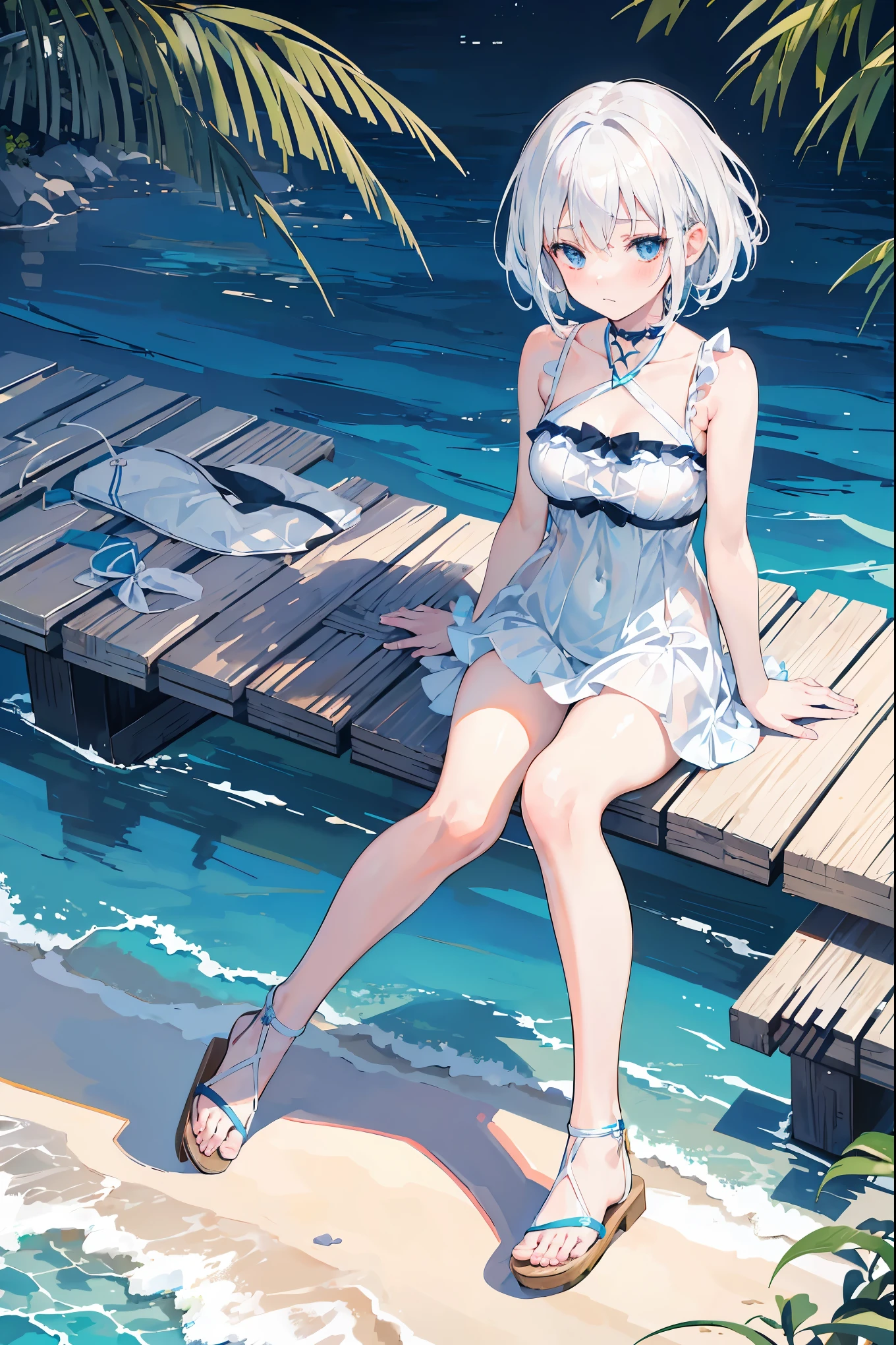 "anime girl, 1 person, short hair, silver white hair, dark blue eyes, transparent white women's jacket covering the body, light blue swimsuit, wearing a light blue bikini, wooden sandals,  medium chest, shy face, blushing, solo, close view ",((beach)), sitting on the sand.(full HD 4K+ image)"