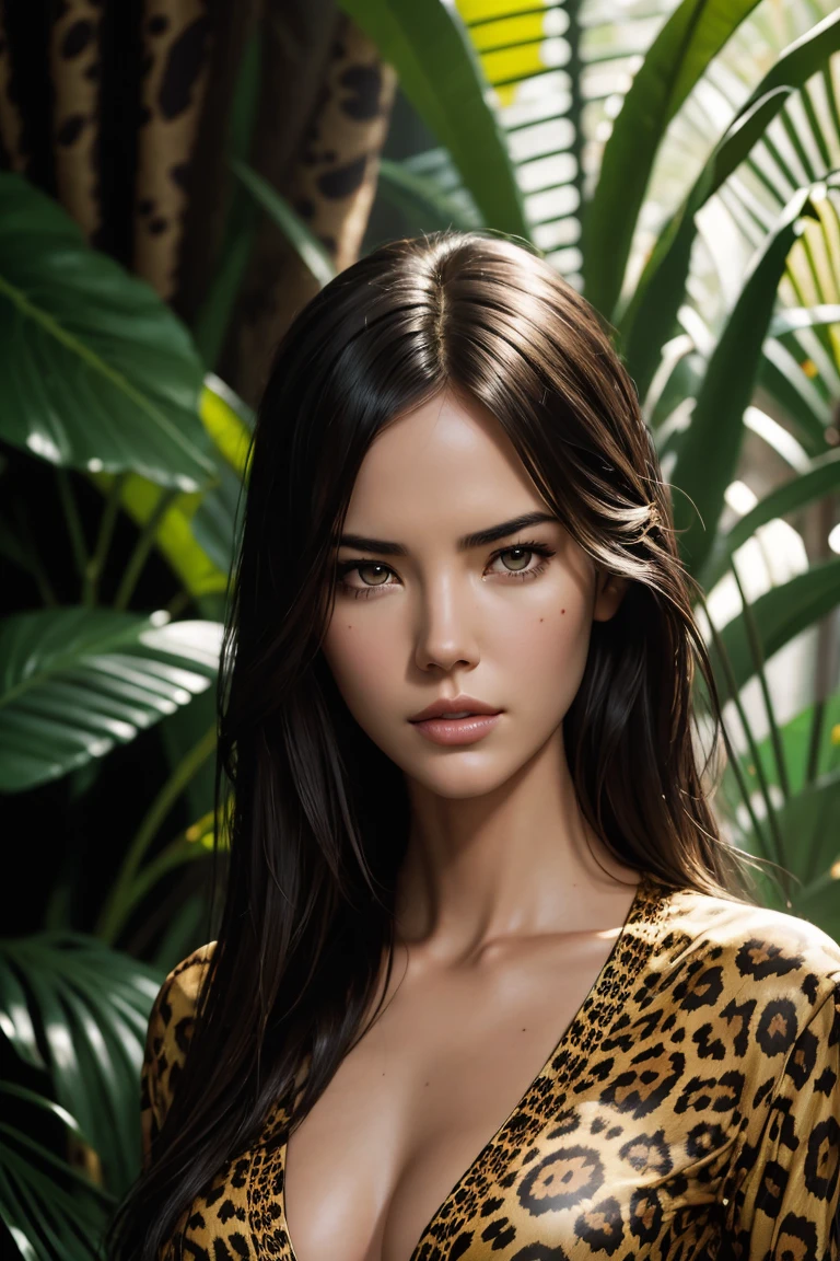 Odette Annable, wearing sexy cheetah clothes. professionally retouched, soft lighting, realisitic, SMOOTH FACE, perfects eyes, sharp focus on the eyes, 8K, High definition, incredibily detailed, intricate, chic. on a jungle background.