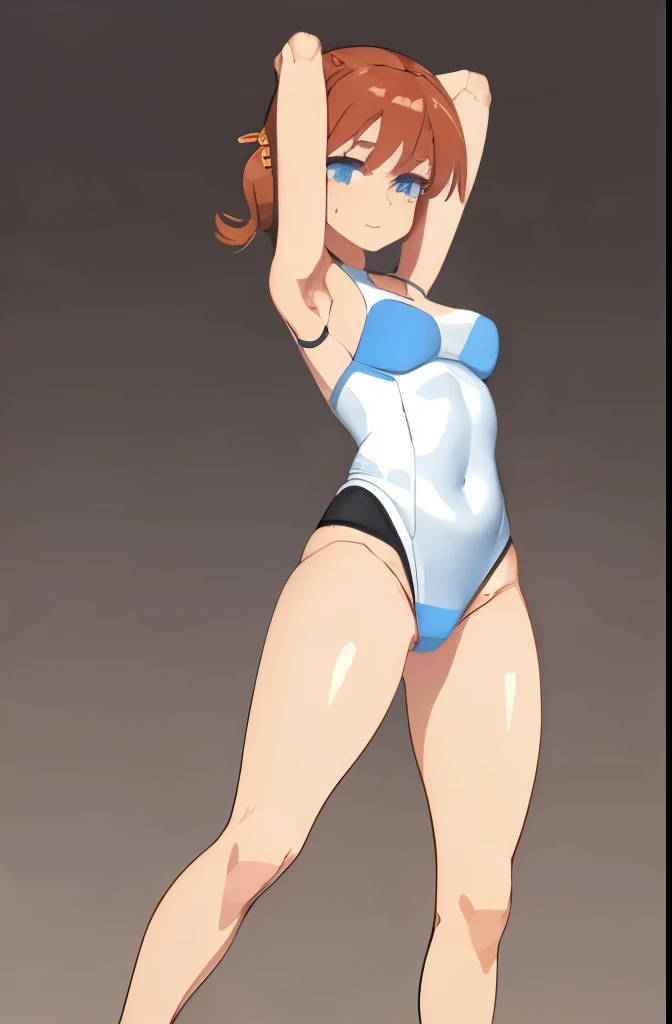 A Female mature robot exposes her inside mechanical organ. she wears white one-piece. Her Brown very short pigtails is tied with two big red clothespins, masterpiece, mature, android, blue eyes, full body, Height: 160cm, flushed cheeks, Uplifting, No NSFW, whole body, barefoot, archaic smile, getting orgasm, sweat bucket. full body shot, floating hair, looking straight.