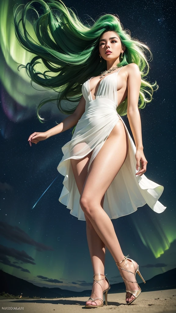 ((best quality)), ((masterpiece)), (ultra detailed), full body shot, Indonesian girl, extremely beautiful, 20 years old, green curvy hair, ((hair blown by strong winds :1.3)), Award-winning photography, photography of teen girl, slim face, extremely beautiful, transparent dress, see through dress, white dress, long dress, belt, ((slim body)), ((wearing high-heels)), skin details, epic lights details, night at beach, stars, aurora Borealis, nebula sky, dark orange clouds, shooting star, model posing in the middle, thighs gap, standing with legs wide open, legs wide open, stockings, necklace with emerald, ((from below))