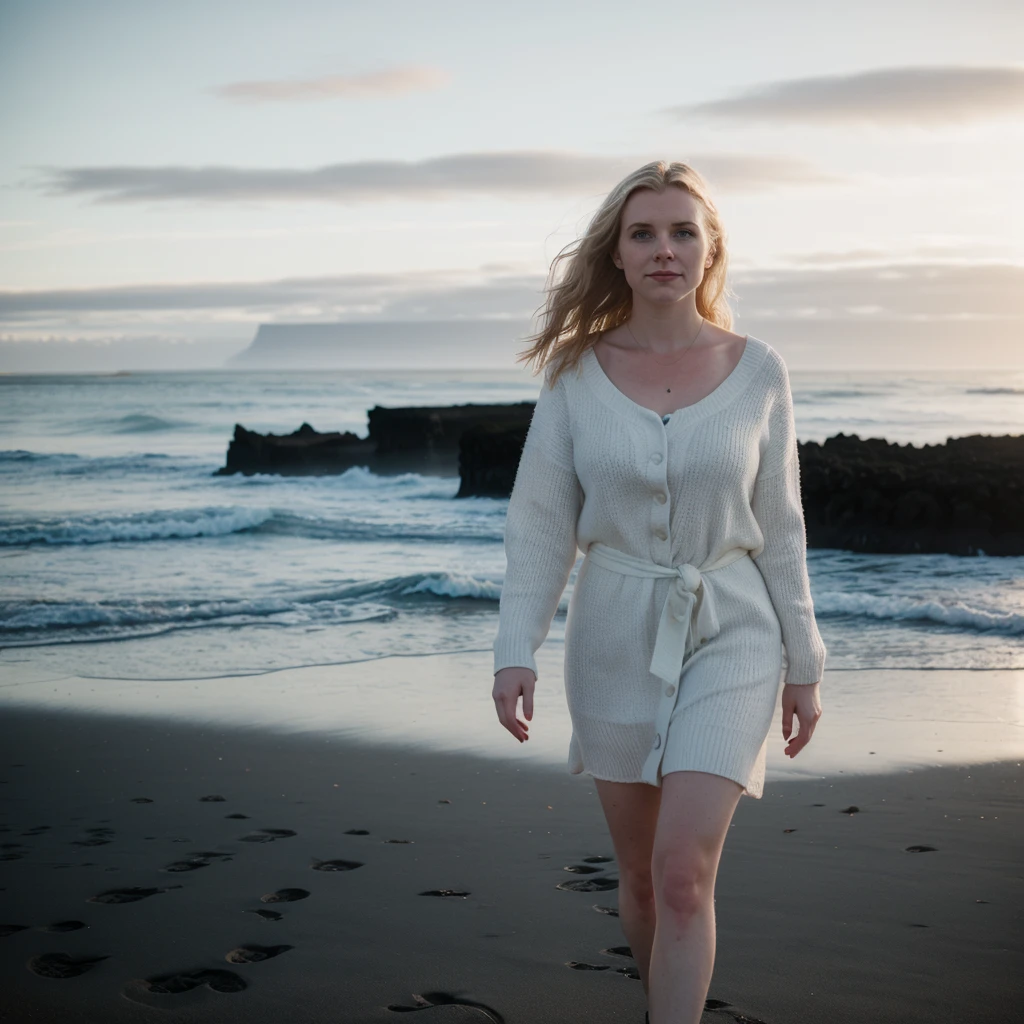 A beautiful cinematic picture of a typical icelandic 25 year old woman walking on the beach, high quality, 1 woman solo, attractive face, nsfw