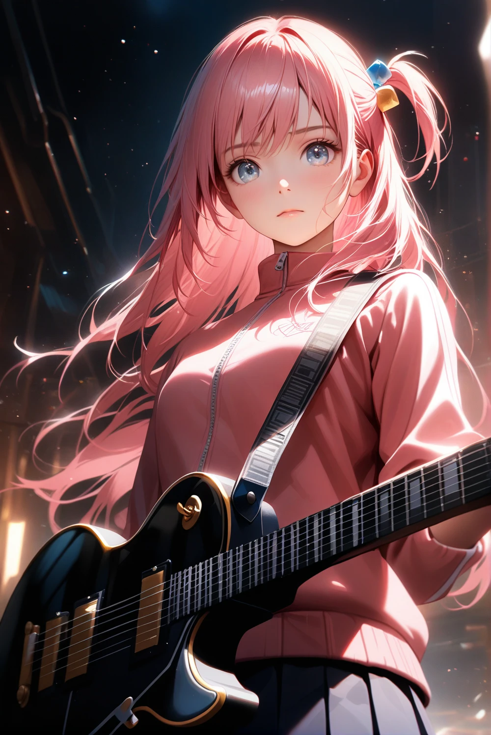 realistic background, scenary, super detail, hyper-detailed, hard lighting, light particles, 1girl, solo, (cube hair ornament:0.75), one side up, beautiful eyes, closed mouth, pink hair, long hair, hands holding Gibson Les Paul electric guitar, pink track jacket, pleated skirt, standing, looking at viewer, front, front view, from below, cowboy shot