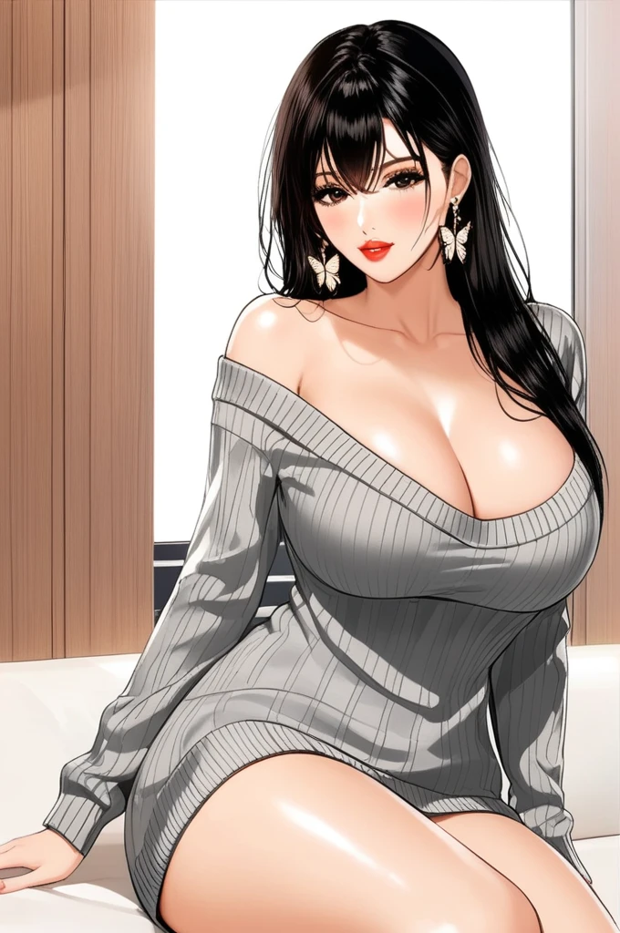 hot beautiful cute milf ,long black hair, hair between eyes, butterfly earrings , red lipstick ,perfect body , detailed black eyes, big breasts, off shoulder sweater huge breasts,bare legs