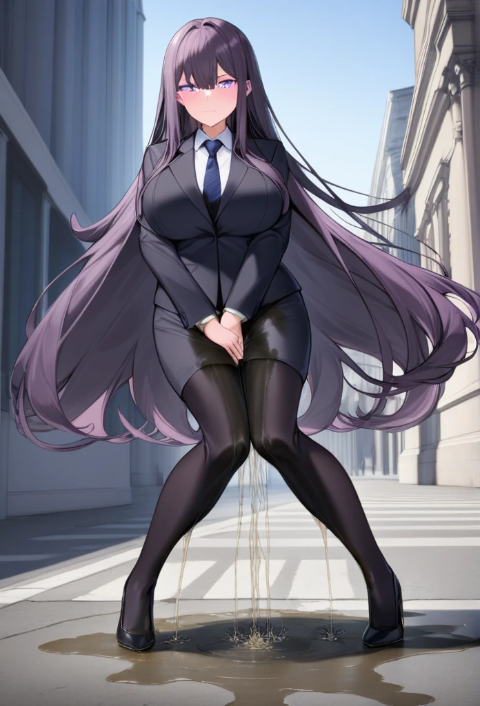 (masterpiece:1.37), best quality, (extremely detailed:1.37) woman, (adult:1.5), (very long hair:1.5), dark purple hair, purple eyes, (extremely detailed eyes:1.37), breasts, business suit, necktie, (very long pencil skirt:2.0), pantyhose, (wetting herself:2.0), arms behind back, standing straight, full body day, daytime, glow, facing viewer, perfect composition, full body, city, street