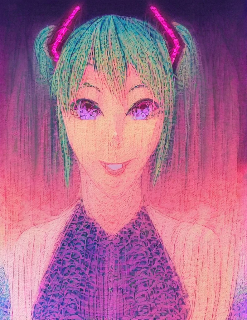 Hatsune Miku, colorful Mexican dress, half body, smiling, detailed face, beautiful eyes, intricate embroidery, vibrant colors, glowing skin, dynamic pose, magical realism, ethereal lighting, digital art,