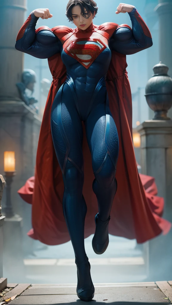 solo, 1girl, 5uper, supergirl, black hair, pixie haircut, blue eyes,muscular strong body,big bulging biceps, blue bodysuit,posing,flexing, long sleeves, red cape,high detail,realistic
