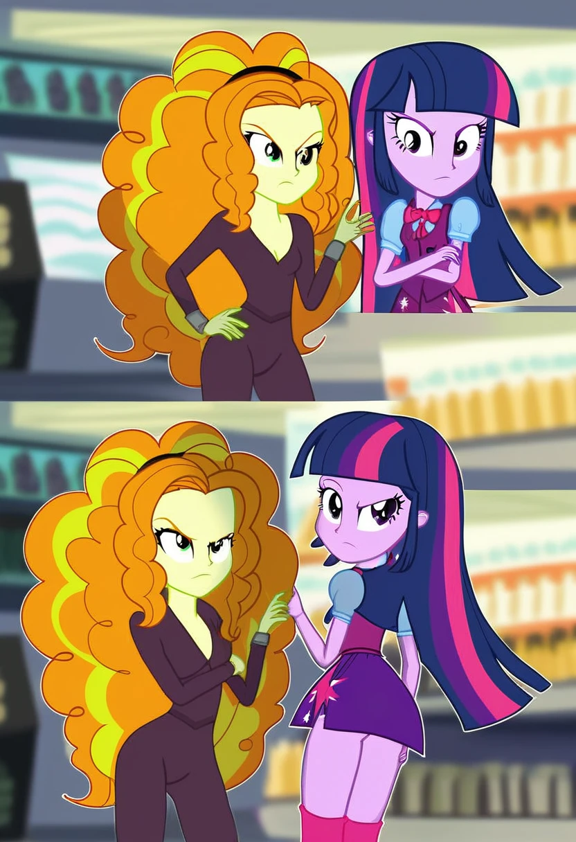 Eqg Twilight sparkle bodystocking adagio . Angry adagio is standing in the store and Twilight Sparkle is touching her butt