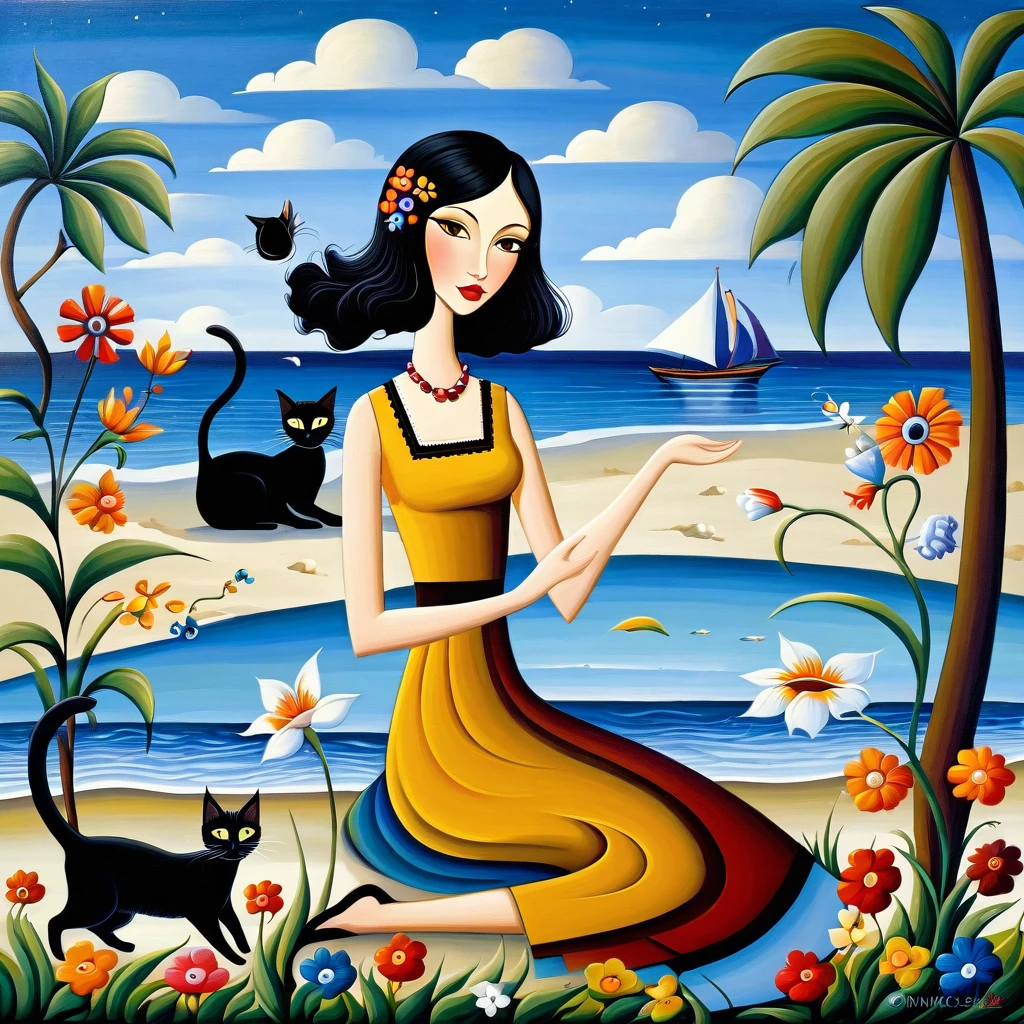 Patchwork by Iwona Lifsches and Catherina Abel, of Young European woman with long black hair, sweet light brown eyes, sitting on the beach with Cats long necks and flowers dancing in the distance, Art Deco, Wide-Angle, elegant fantasy intricate 8k very attractive fantastic view ultra detailed crisp quality very cute acrylic art naive art catherine abel