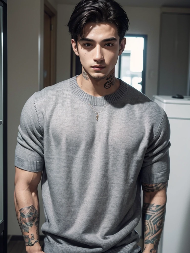 a 25 year old man, beautiful face, fair skin, muscular, full body, tattoos, gray sweater, short sleeve sweater, short upright hair