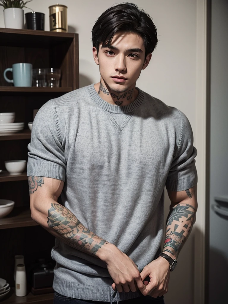 a 25 year old man, beautiful face, fair skin, muscular, full body, tattoos, gray sweater, short sleeve sweater, short upright hair