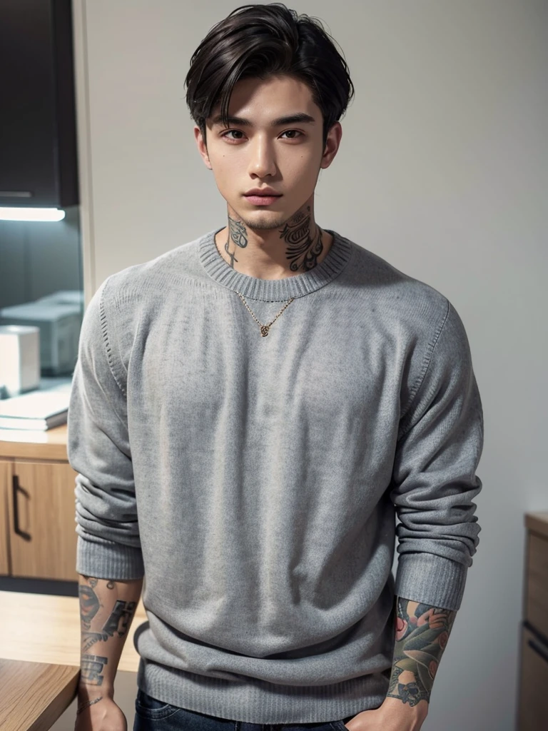 a 25 year old man, beautiful face, fair skin, muscular, full body, tattoos, gray sweater, short sleeve sweater, short upright hair