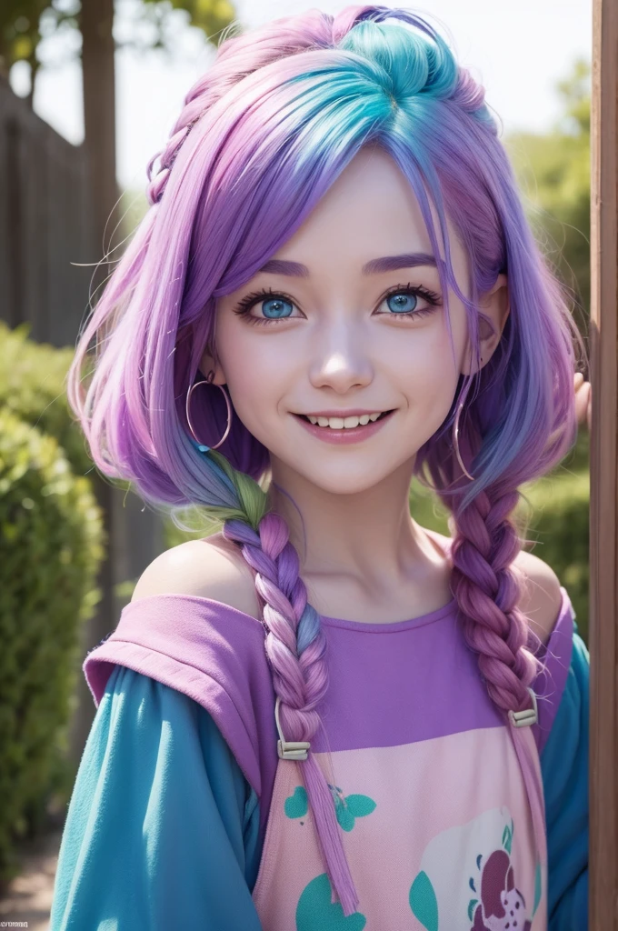 A character from the film amusingly,happy, with purple skin,pink hair, blue and green eyes